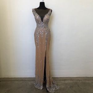 Nude Mesh Dress With Floral Silver & Purple Sequin